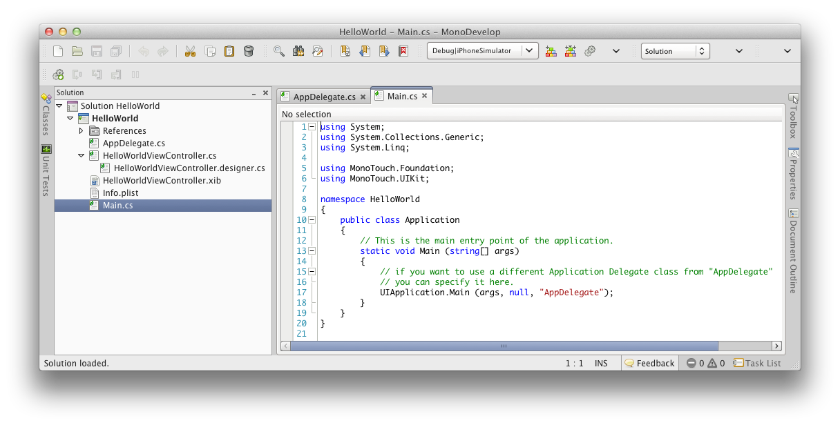 New project code in MonoDevelop