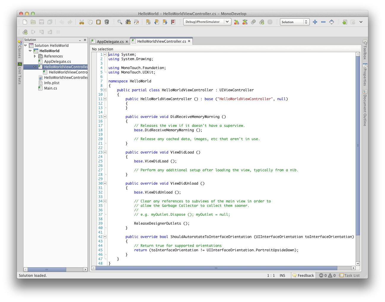 New project code in MonoDevelop
