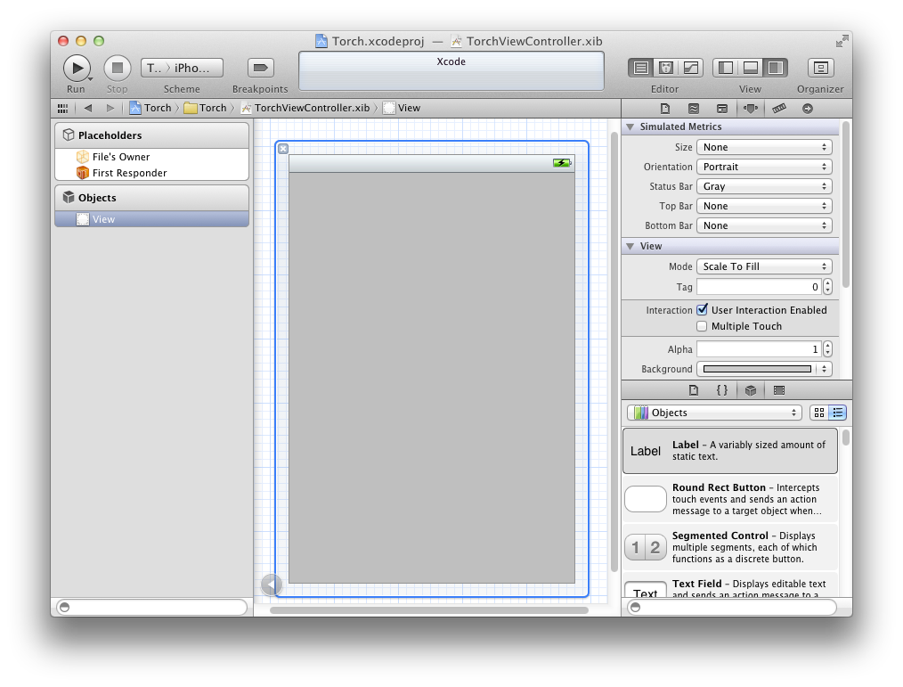 The nib file open in Interface Builder